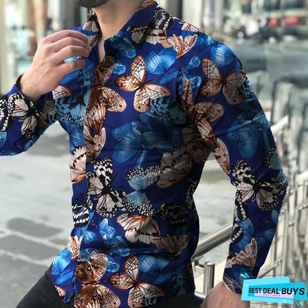 Men's Stylish Butterfly Printed Casual Slim Fit Long Sleeve Shirts