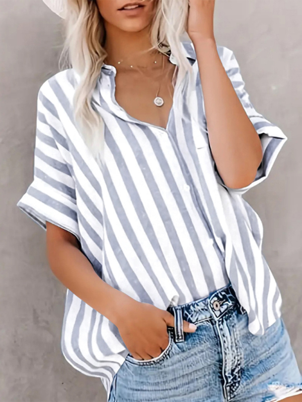 Mature Women's Two-tone Striped Cardigan Short Sleeve Shirt Top