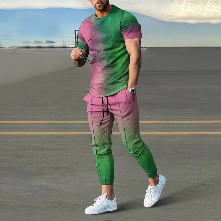 Broswear Men's Pink-Green Gradient Sea Ripples Printing T-Shirt And Pants Co-Ord