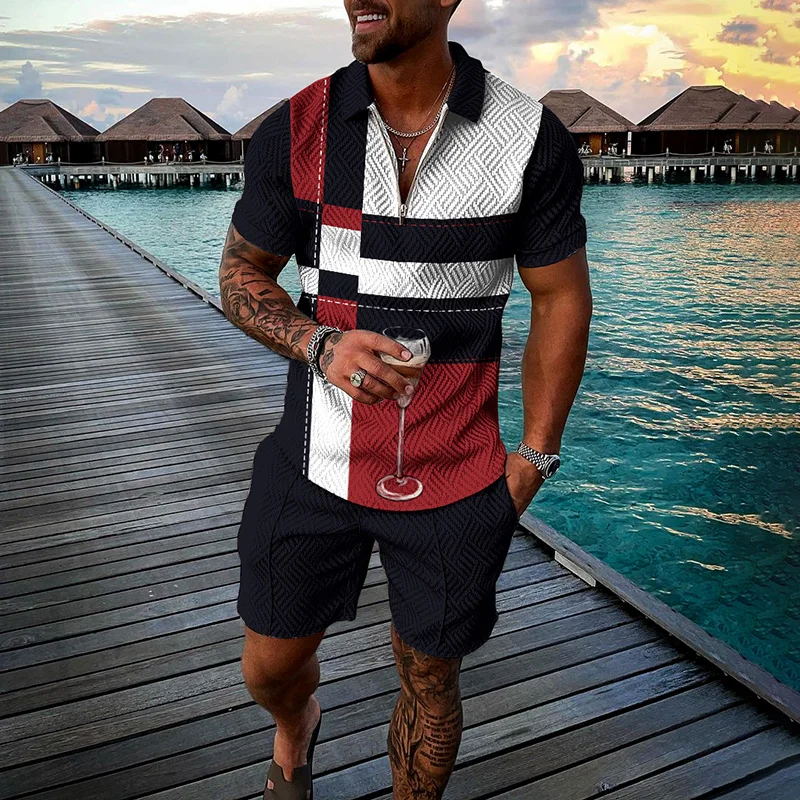 Fashion Color Block Geometric Color Contrast Polo Shirt And Short Co-Ord