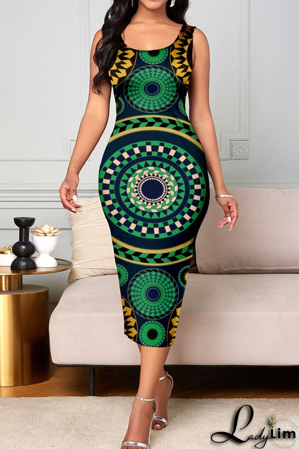 Green Elegant Print Patchwork U Neck One Step Skirt Dresses