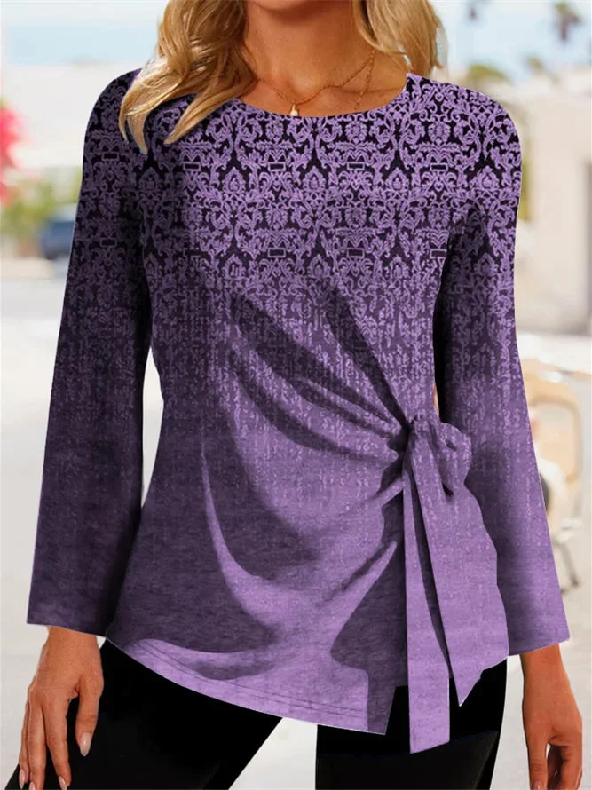 Women's Lace-up Gradient Printed Scoop Neck Long Sleeve Top