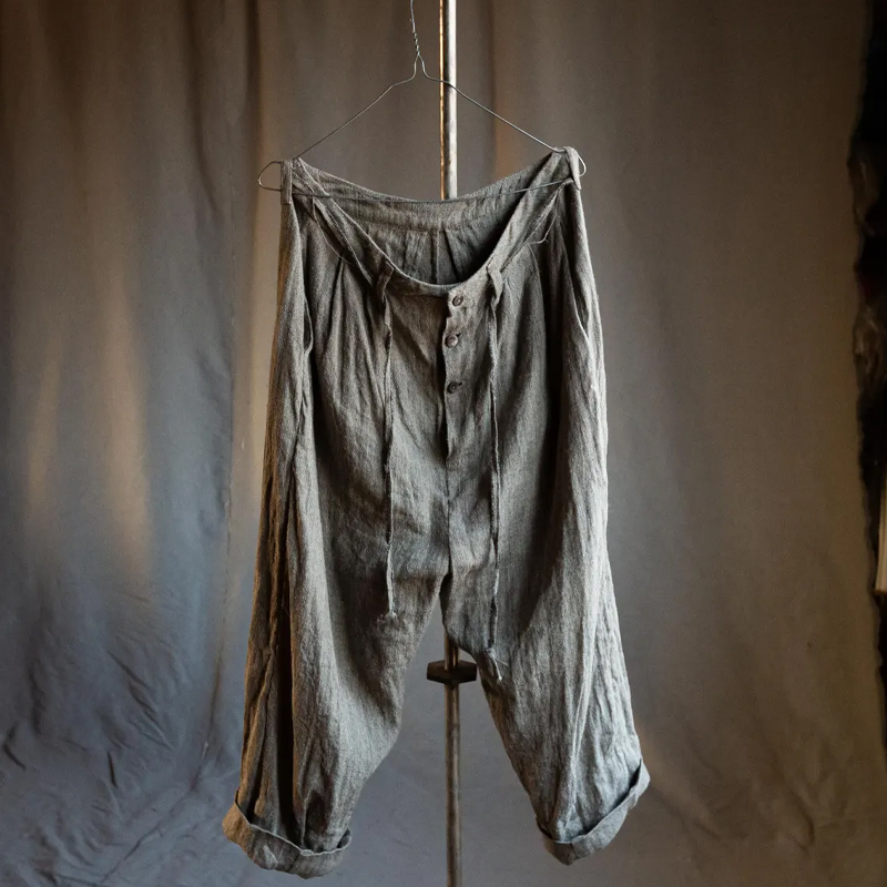 Men's Light Grey Cotton And Linen Button Straight Trousers