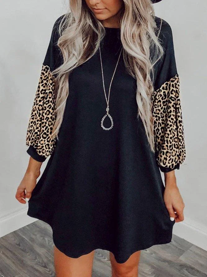 Leopard Loosen Round Neck Dresses Black Dresses
