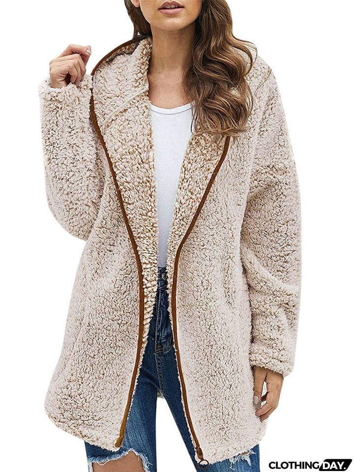 Ladies Casual Solid Color Hooded Plush Fleece Coats