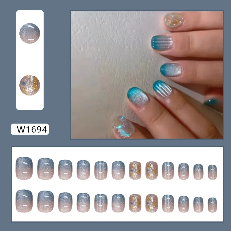 Churchf Churchf Nails Cat Eye Wearing Armor Blue Removable Beauty Nail Piece Simple Nail Patch 24 Pieces