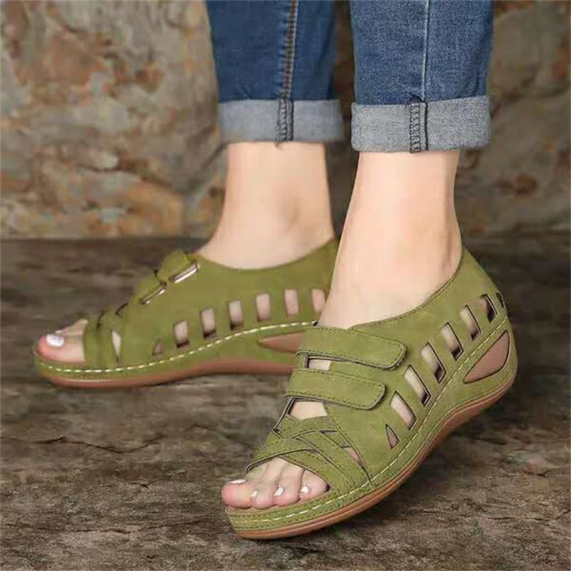 Hollow Out Wedge Peep Toe Magic Tape Sandals