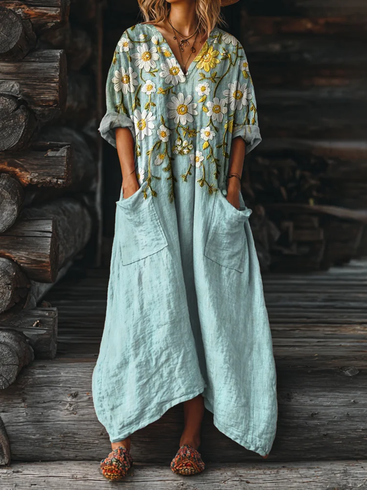 Women's Bohemian Floral Art Pattern Print Pocket V-neck Cotton Dress