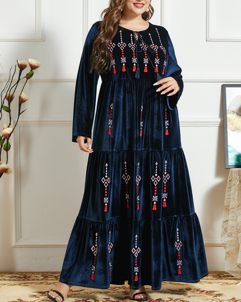 Thickened velvet ethnic embroidery multi-layer pleated maxi dress robe