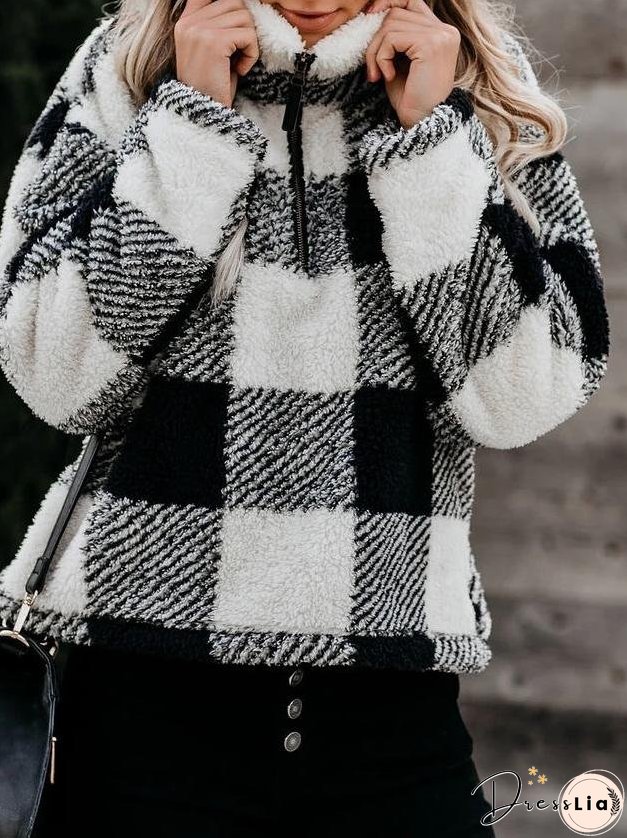 Women's Hoodies Thick Stand Collar Plaid Long Sleeve Hoodie