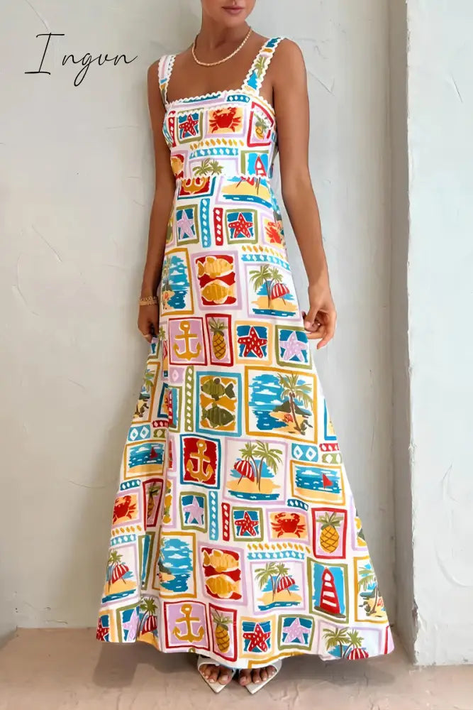 Ingvn - Sexy Vacation Print Contrast Square Collar Printed Dress Dresses White / S Dresses/Casual