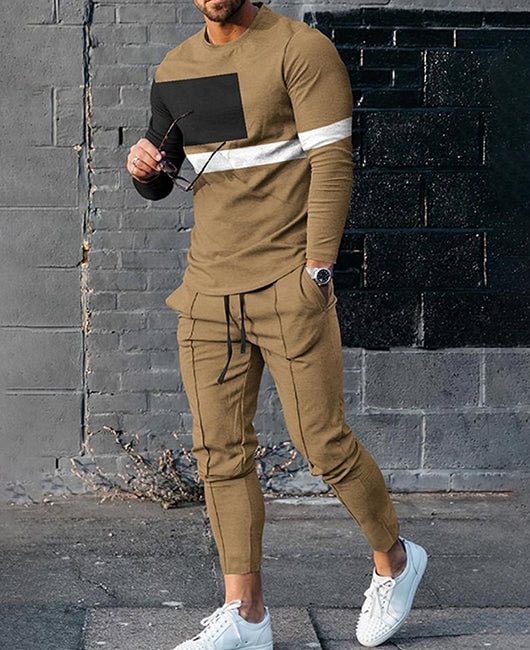 Casual Colorblock Print Long Sleeve Top & Pants Set