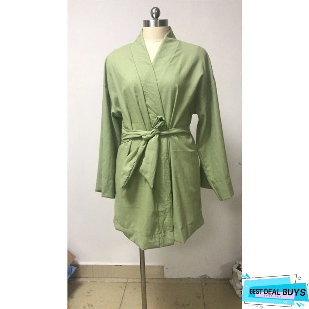 Women's Cardigan Dress Solid Color Loose Cotton Linen Medium Length Shirt Skirt Linen