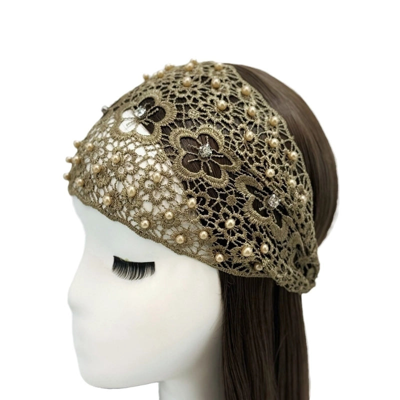 Women’s Casual Flower Cloth Hollow Out Inlay Rhinestones Pearl Hair Band