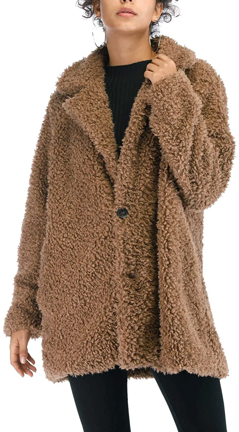 Women's Warm Artificial Soft Wool Lapel Coat Jacket Winter Faux Fur Rolls Wool Parka Outerwear