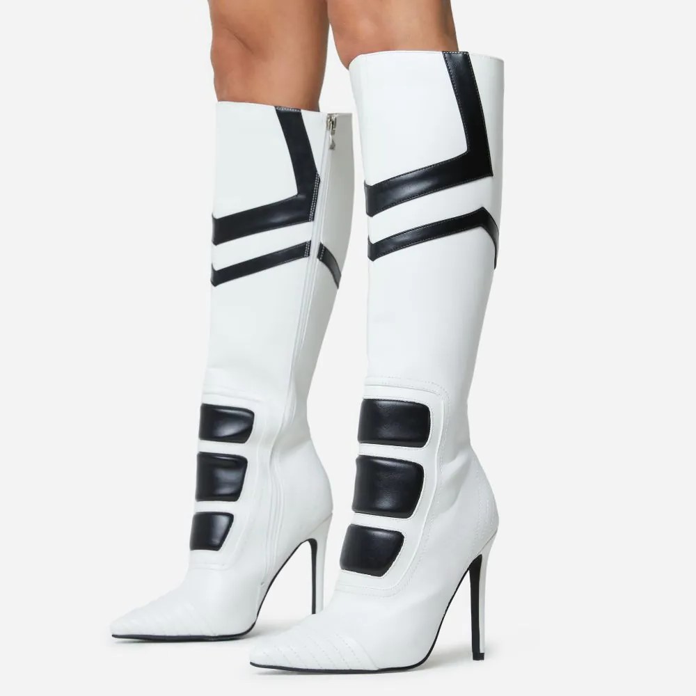 Stylish Black & White Patchwork Striped Pointed Toe Knee Heeled Boots Nicepairs