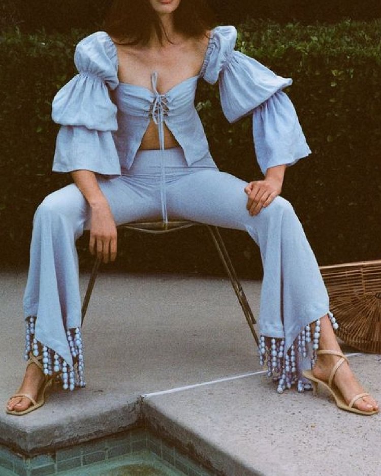 Puff-sleeved Ruched Beaded Fringed Trouser Set