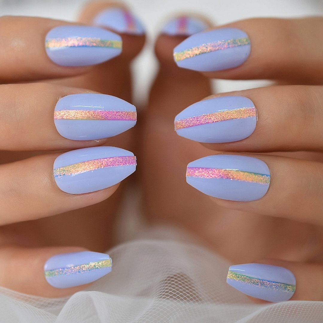 Iridescent White Instant French Nails Glitter Beveled Clear Short ...