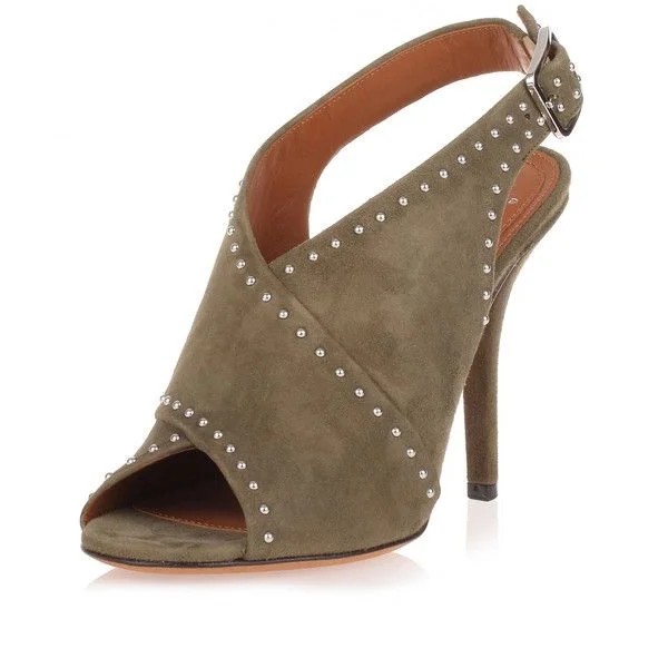 Women's Taupe Stiletto Heels Vegan Suede Slingback Sandals with Studs |FSJ Shoes