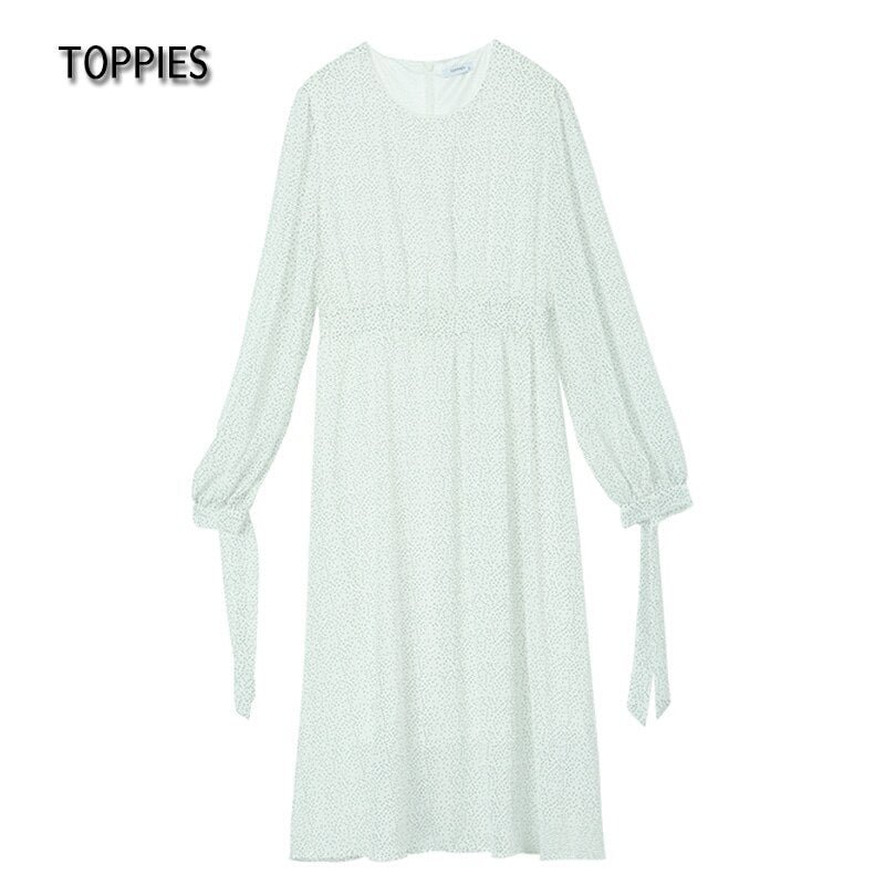Toppies 2021 Fashion Women's Dress O Neck Casual Polka Dot Print Chiffon Elegant Dress Chic Long Sleeve Femme Dress
