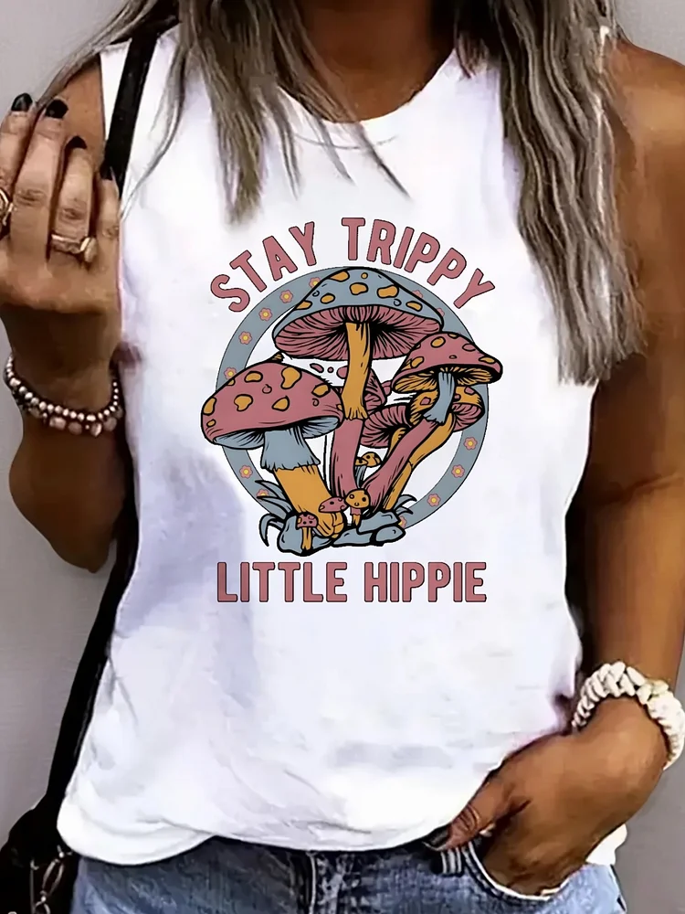 Women's Sleeveless Mushroom Print Tank Top - "Stay Trippy Little Hippie" Design, Pink Casual Loose-Fit Breathable Summer Top, Lightweight Round Neck Sportswear For Spring/Summer/Fall, Breathable Tank | Summer Vest | Comfortable Wear