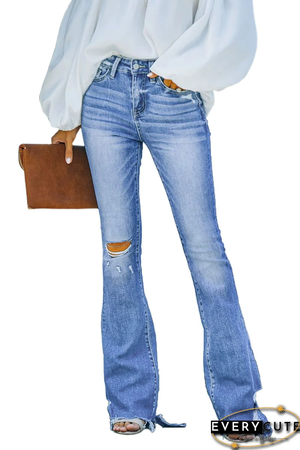 Sky Blue High Rise Distressed Flared Jeans