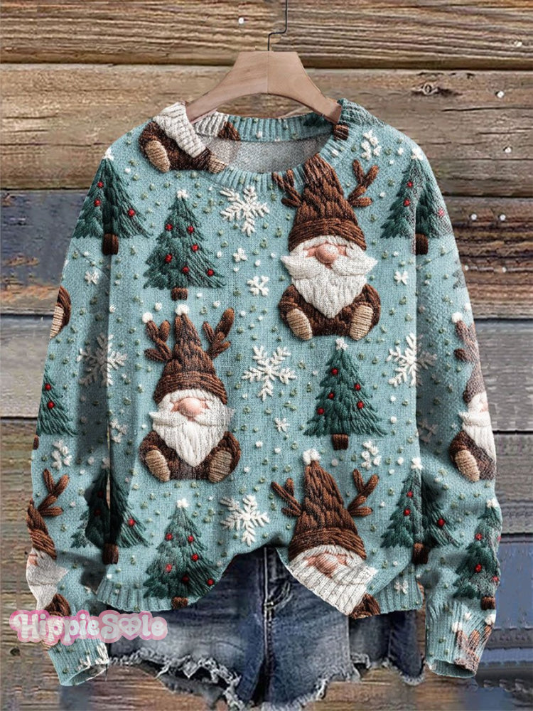 Christmas Gnome Reindeer Print Knit Pullover Sweater Multicolor / S