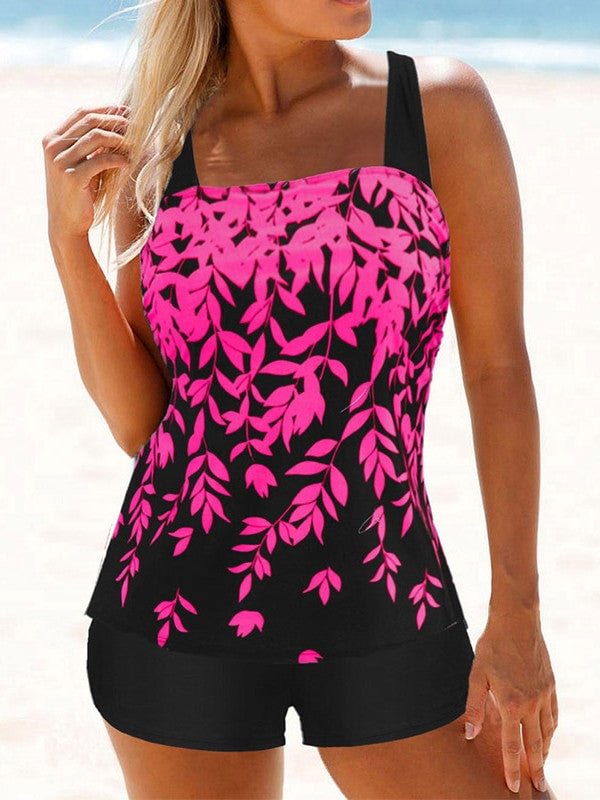 Plus Size Swimwear Sleeveless Bright Striped Floral Printed Tankini