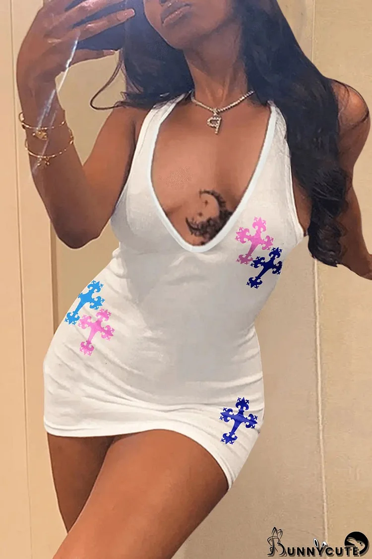 White Fashion Sexy Print Basic V Neck Vest Dress