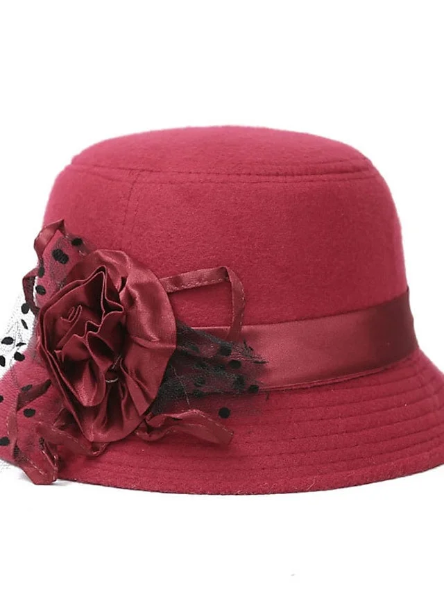 Women's Fedora Hat Flower Mesh Woolen Casual Fishman Bucket Hats