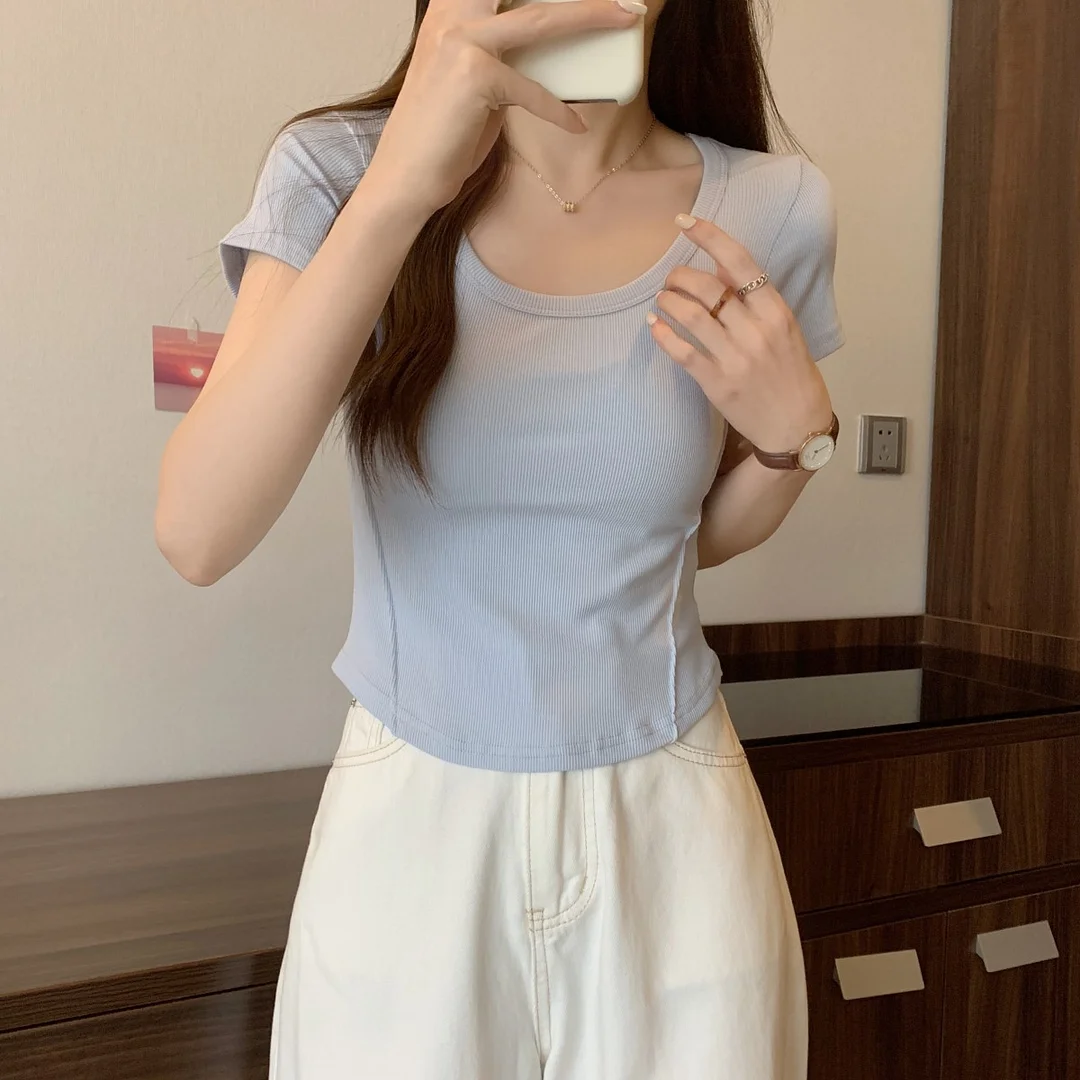 Uveng Uveng U Collar Short-Sleeved T-Shirt Women 2023 Summer New Korean Version Slim High Waist Short Style Students Pure Color Jacket Tide