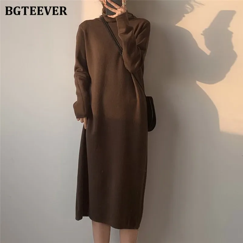 BGTEEVER Autumn Winter Thicken Women Dress Turtleneck Ladies Knit Vestidos Casual Warm Loose Female Sweaters Dress 2021