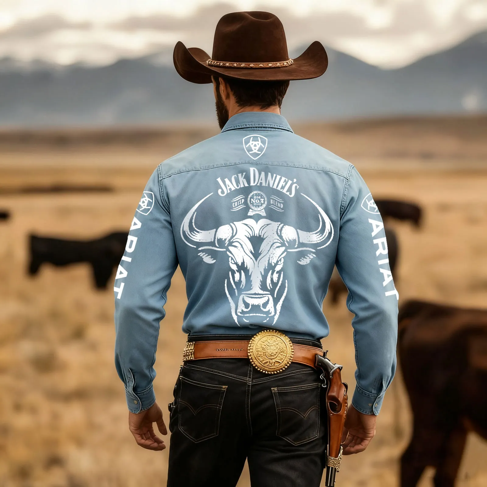 Cotton Western Shirt With Bull Graphic Print Long Sleeve Cowboy Style Men's Shirt