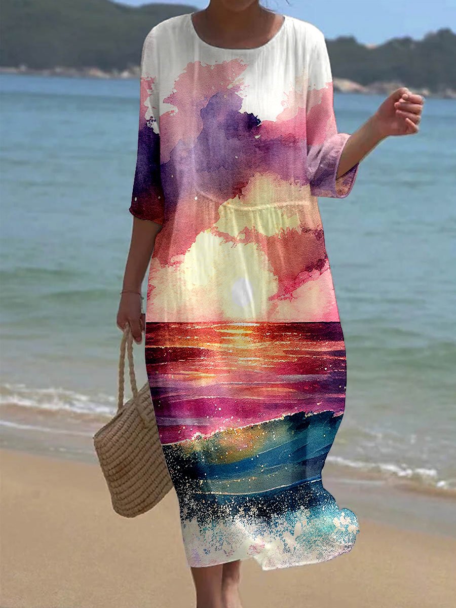Women's Sunset At Sea Watercolor Art Print Pocket Dress