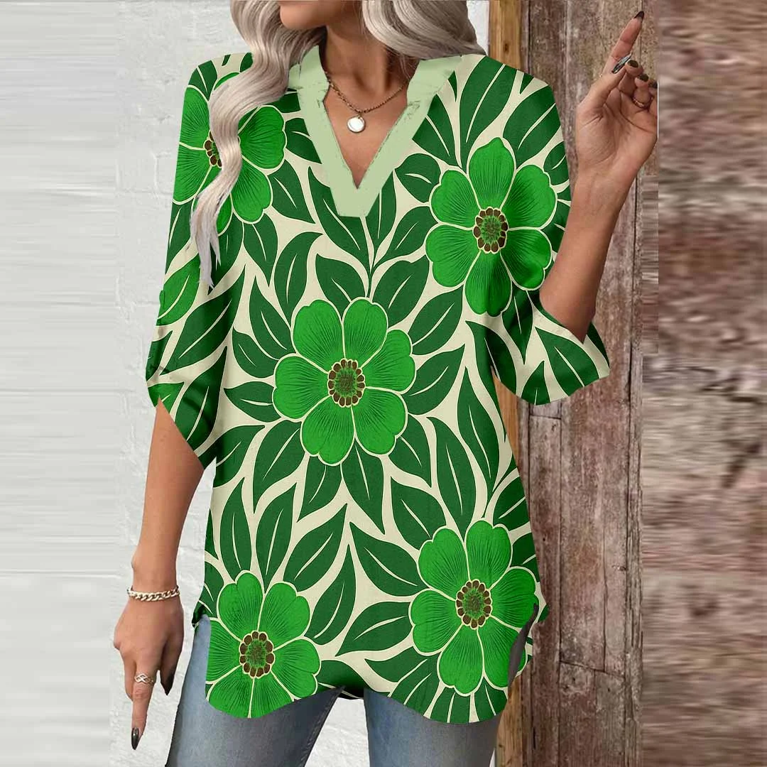 Women Floral, Green DZGA0197 3/4 Sleeve V-neck Printed Graphic Button Tops