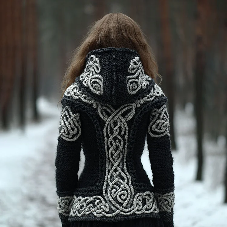 Women's Viking Celtic Knot Art  Knit Zip Up Hooded Sweater