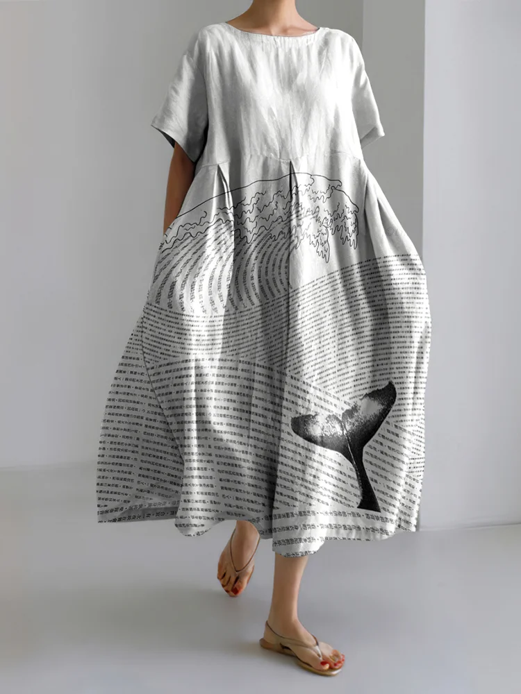 Japanese Art Whale Tail Art Painting Print Linen Blend Dress