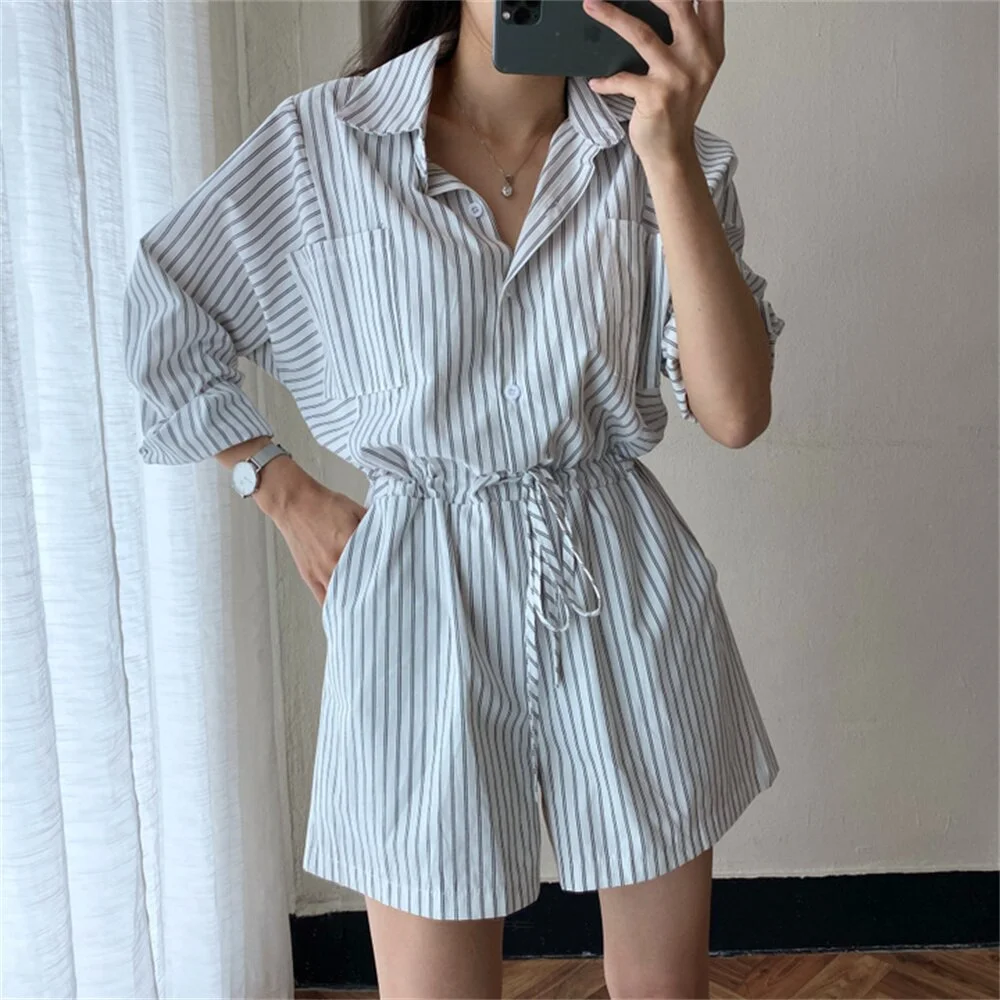 Jangj Alien Kitty Women Stripes Playsuits 2022 Summer Casual Chic Sports New Fashion High Street Office Lady Hot Loose OL Rompers