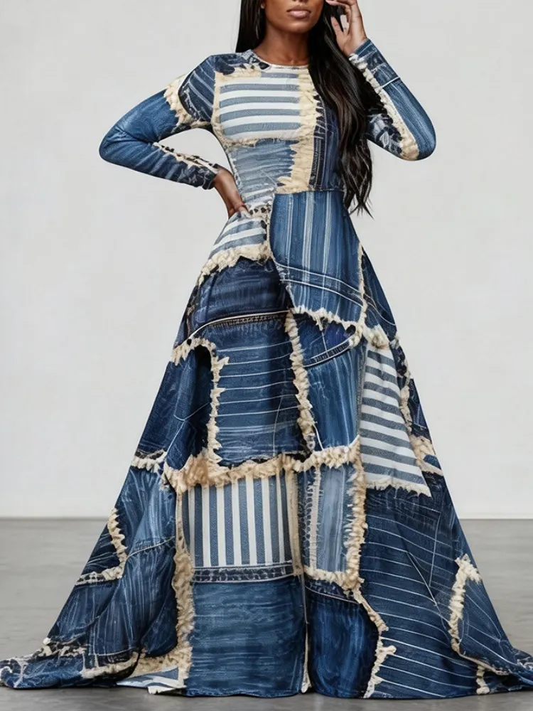 Patch Crewneck Long Sleeves Casual Dress