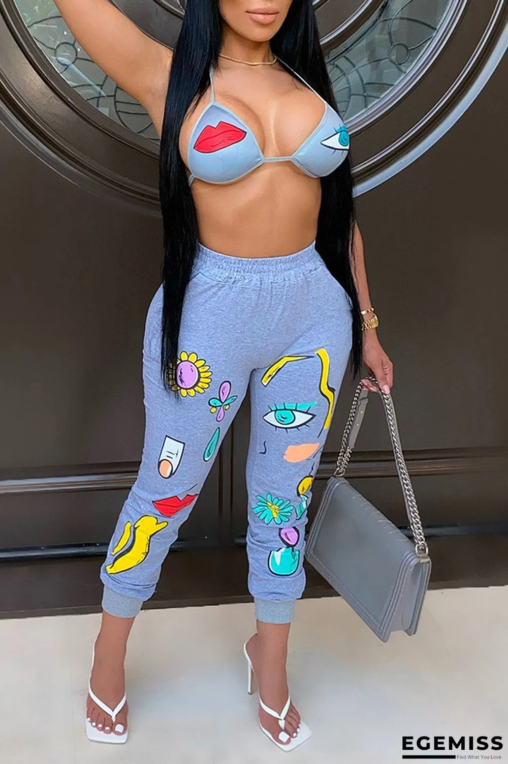 Blue Fashion Sexy Sleeveless Spaghetti Strap Off The Shoulder Short Print Two Pieces | EGEMISS