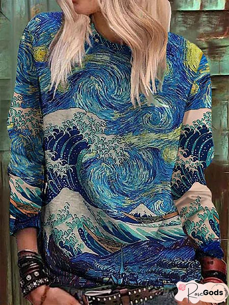 Landscape Printed Long Sleeve Round-Neck Sweatshirts