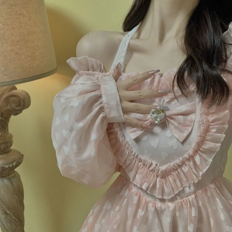 Pink Lace Bubble Sleeve Sweet Lolita Party Mini Dress PE121