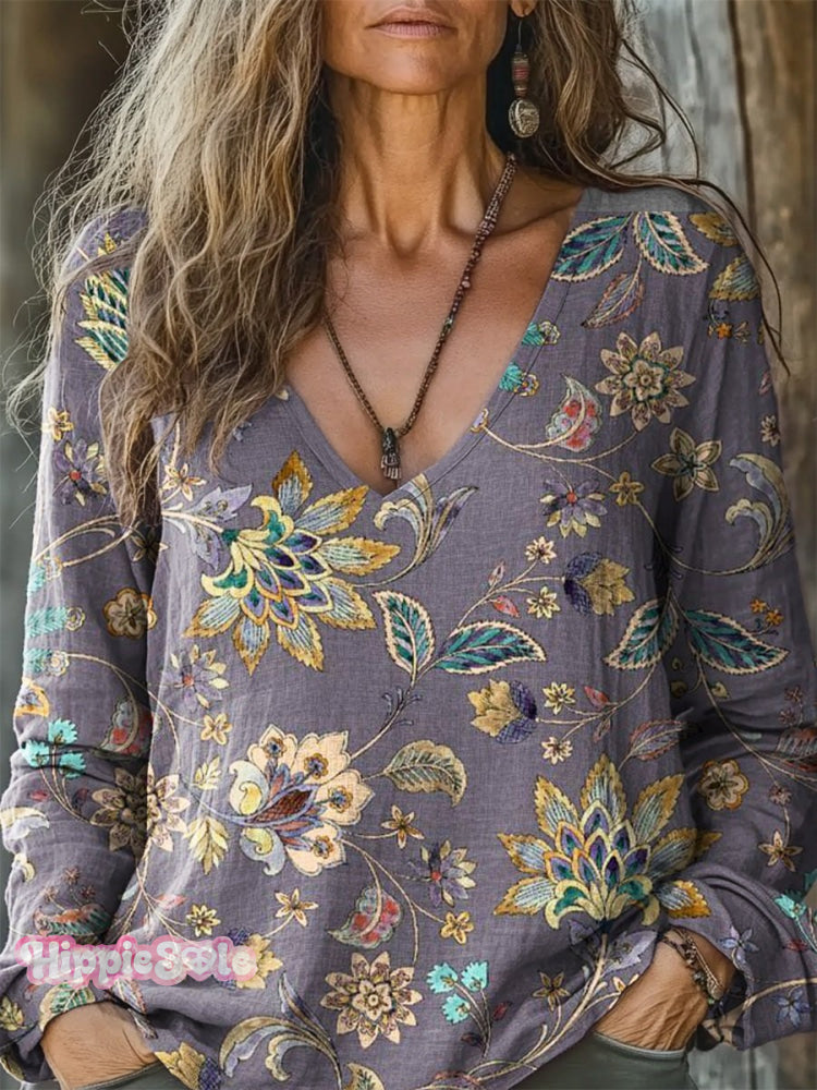 Women’s Boho Floral Art Print Casual V Neck Comfortable Cotton Shirt Multicolor / S