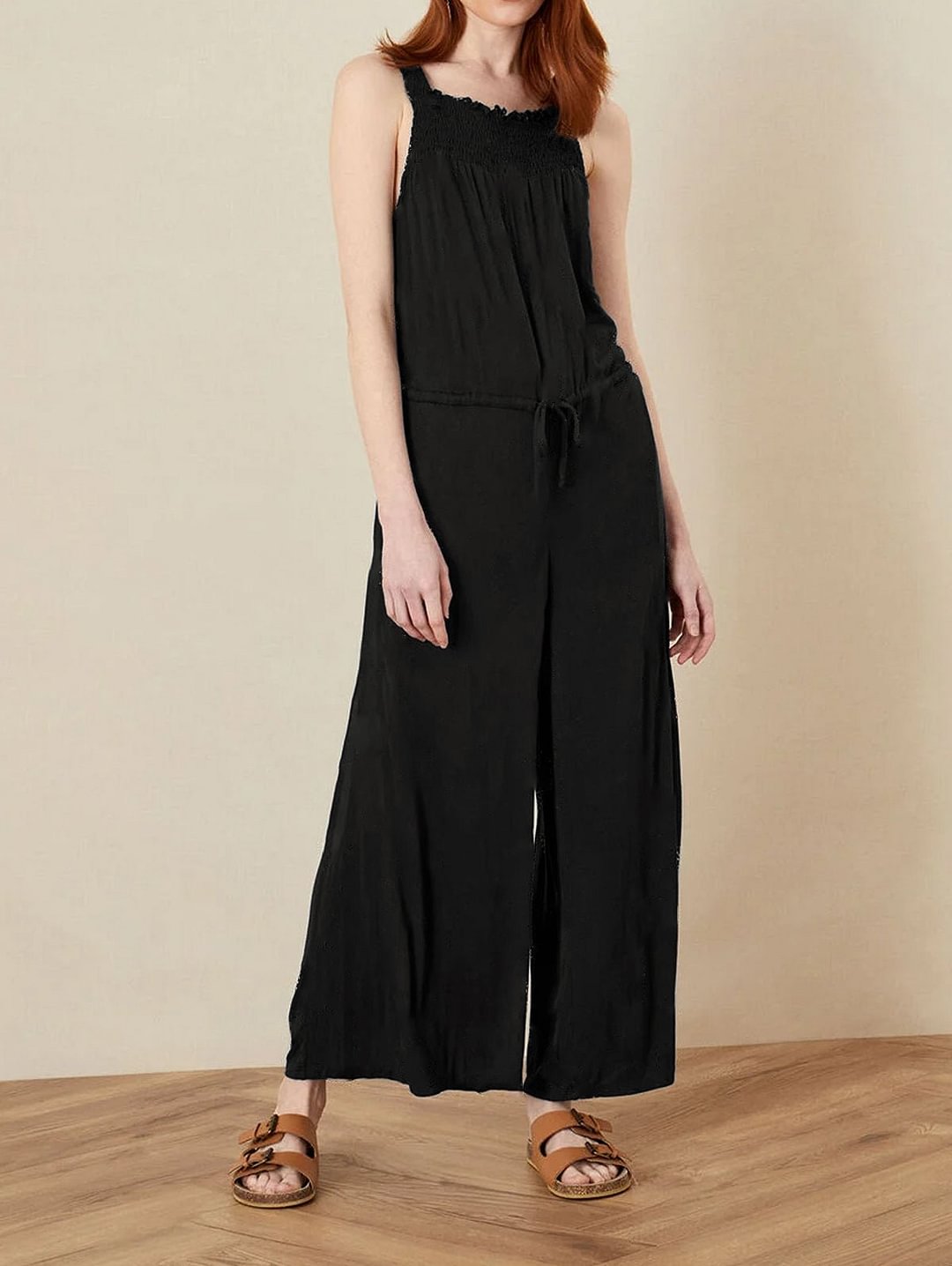 Drawstring Shirred Wide Leg Jumpsuit