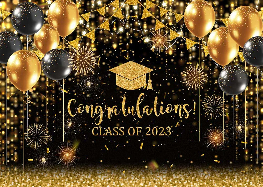 Shiny Golden Balloons Congratulations Class Of 2023 Party Backdrop RedBirdParty