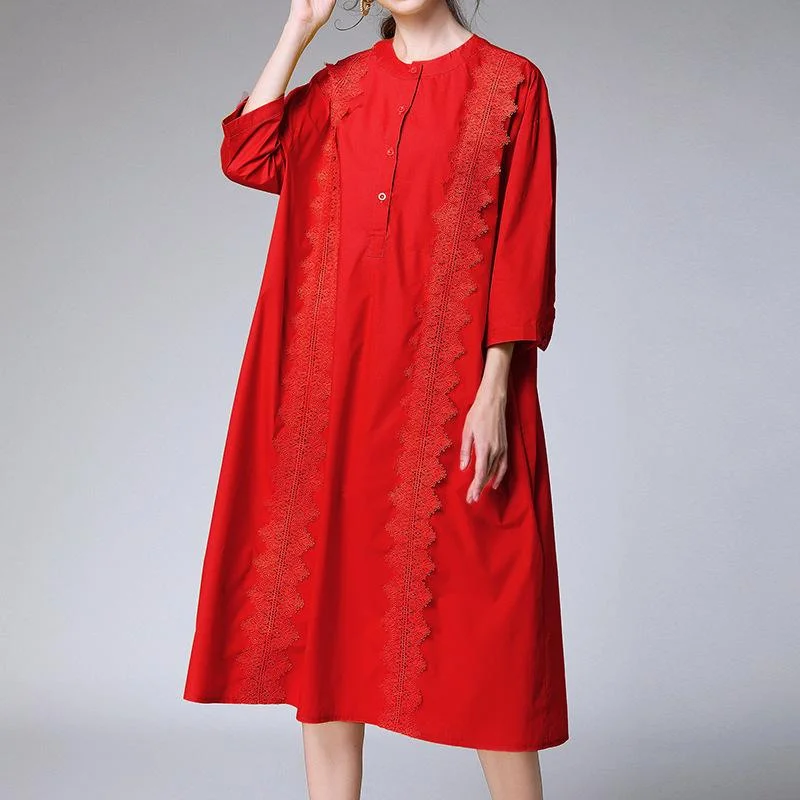 Women's new elegant half open collar lace shirt dress