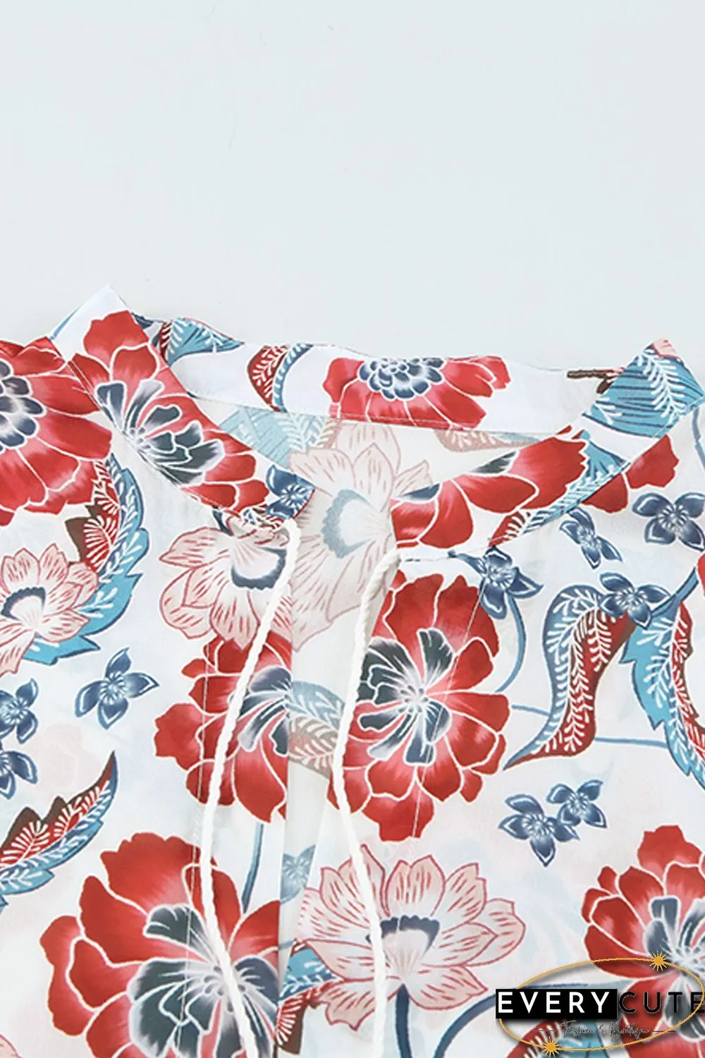 Red Split Neck Bubble Sleeve Floral Patchwork Blouse