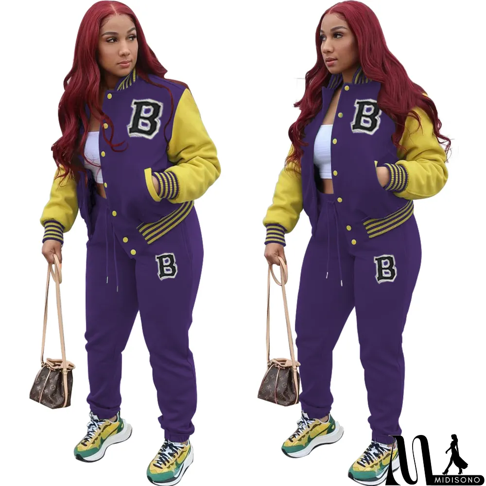 MidiSono - Women Letter Baseball Jacket and Pant Two-Piece Set