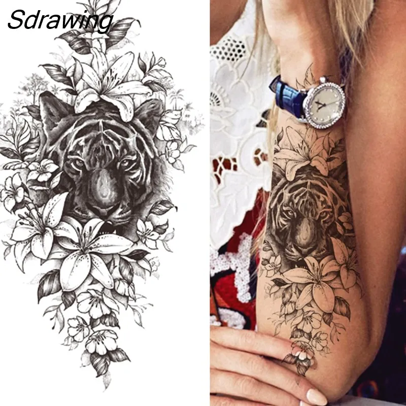 Sdrawing Fake Peony Temporary Tattoos For Women Girl Black Rose Elephant Flower Tattoo Sticker Tiger Anemone Tatoos Half Sleeve 1020-0