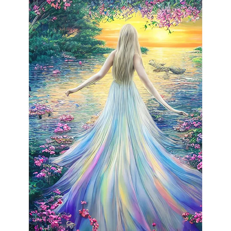 Girl In Colorful Skirt By The Lake 30*40CM (Canvas) Full Round Drill Diamond Painting gbfke